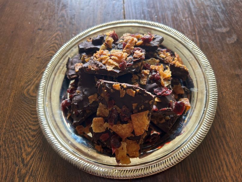 Broken chocolate bark with cranberries and Uffda lefse chips