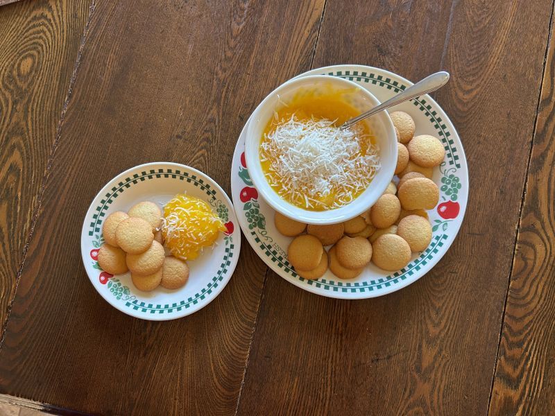 Coconut custard dip made with vanilla pudding and shredded coconut, served with vanilla wafers
