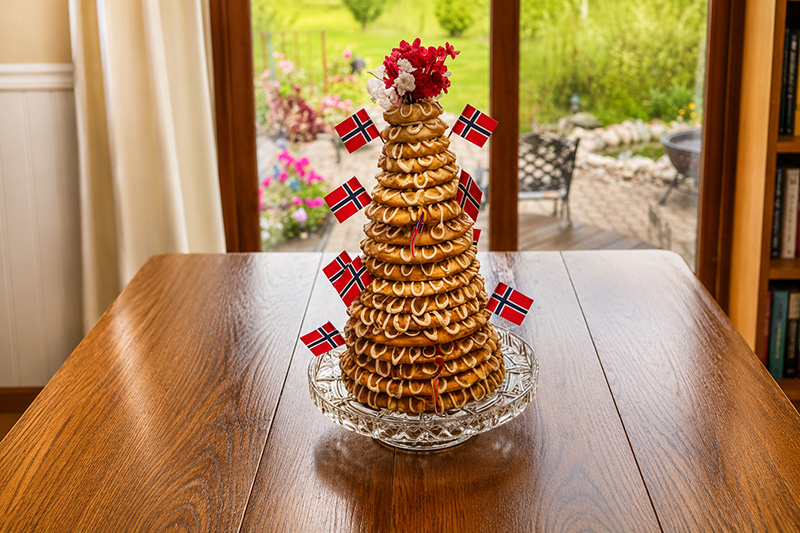 Finished kransekake decorated with faux flowers and Norwegian flags