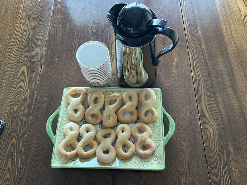 Kringla tray with coffee carafe and cups heading to a Rushford Minnesota school