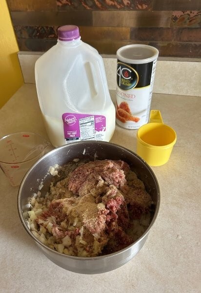 Ingredients for homemade Norwegian meatballs, ready to mix
