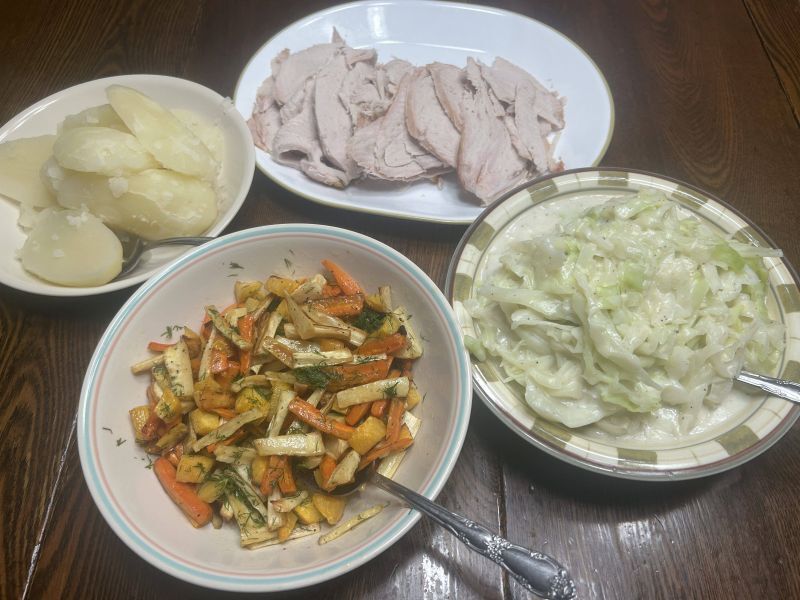 Norwegian Thanksgiving plate with roasted root vegetables, Kålstuing, turkey and boiled potatoes