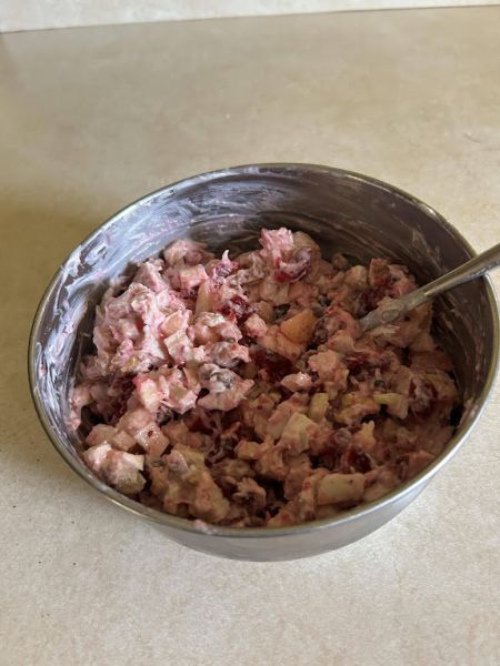 Turkey cranberry lefse wrap filling mixed in a bowl.