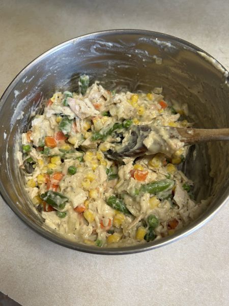 Gravy and vegetables mixed for lefse pot pie filling.